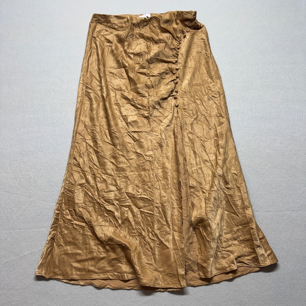 Current Air Los Angeles Bronze Gold Metallic Crinkle Midi Skirt Side Button L
